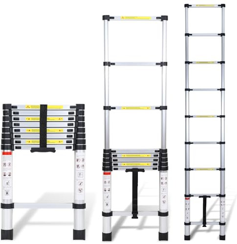 Randaco Scala telescopica in alluminio 2,6 m, allungabile, in alluminio, antiscivolo, portata 150 kg