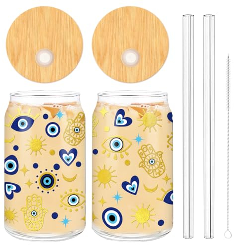 Whaline 2 Pack Evil Eyes Iced Coffee Cup Blue Evil Eye Hamsa Hand Drinking Glasses Astrological Beer Can Glass with Lid Straw Cleaning Brush for Home Office Women Gifts,16oz