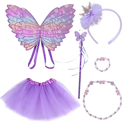DKDDSSS Ensemble de 6 Pièces Deguisement Fee, Ailes de Papillon, Couronne de Princesse, Baguette Magique, Jupe Tutu,Collier Papillon, Accessoires pour Enfant Fille Carnaval Cosplay Party Fête
