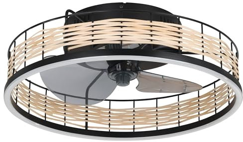 EGLO Deckenventilator mit LED Beleuchtung Frana, Ventilator Decke dimmbar mit Fernbedienung, Timer, 3 Geschwindigkeiten, Kunststoff in Schwarz und Rattan, AC Motor, warmweiß - kaltweiß, Ø 50 cm
