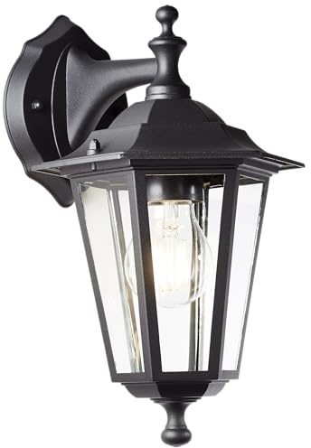 Lightbox Schwarze Außen Wandlampe mit Glas Regenschutz - hängend - Outdoor | Außen Wandlampe, 31 x 17 x 22 cm, E27, max. 60 W, IP44, Metall/Glas