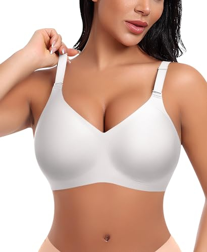 Ganado Damen BH Tiefem V-Ausschnitt Nahtloser BH Soft Bequem BH Bügellos Bustier (Weiß, L)