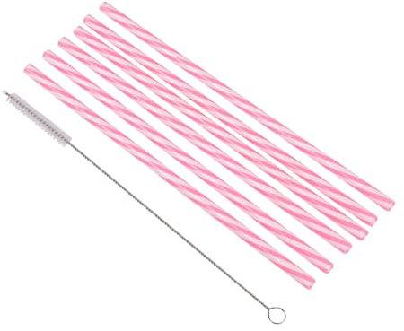 Homéa, Set de 6 Pailles en Plastique Réutilisable Rayures Rose et Blanc 23 cm + Brosse