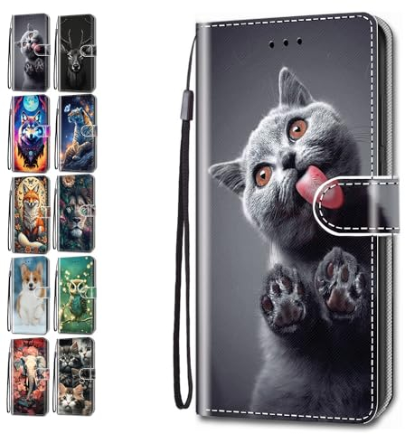 Flip Case for iPhone 5 5S SE Animal Print Pattern Design with Card Holder Leather Wallet Phone Cover for Girls Boys Women Men - Funny Cat