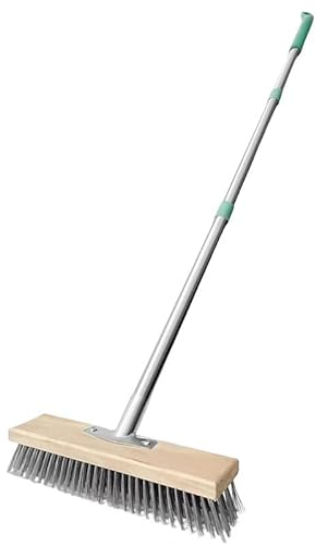 Scopa a testa in filo metallico, spazzola per rimuovere erbacce e muschio da giardino, resistente per rimuovere erbacce e alghe su doccia, parete, garage, cortile, patio (con manico da 53 pollici)