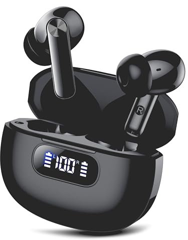 Ecouteurs Bluetooth Sans fil, Écouteurs Bluetooth 5.3 avec 4 ENC Réduction de Bruit Mic Casque, Hi-FI Son Stéréo, 48 Heures Durée, Oreillette Bluetooth Sport IP7 Étanche, Écran LED, Contrôle Tactile