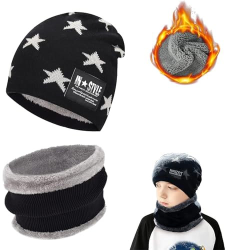Huifengjie Ensemble Bonnet et Cache Cou Enfant, Doublure Polaire, Hiver Epais, Thermique, Chapeau élastique, Cache-Cou, Bébé, Fille, Garçon, Cadeaux Noël, Ensembles d'hiver, Noir