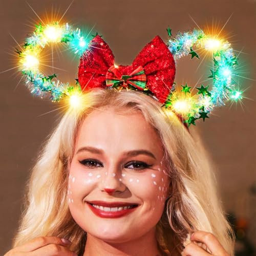 Reaky Bandeau de Noël lumineux avec oreilles de souris à LED pour femme (vert, taille unique)