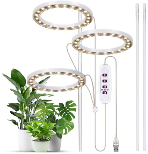 Hanzete Grow Lights for Indoor Plants 3 Heads 6.2W 301.7lm 60LED 4000K USB Powered Grow Light 8H/12H/16H Timer 5 Dimmable Brightness Plant Growing Lamps for Succulents/Mini Bonsai/Small Plants