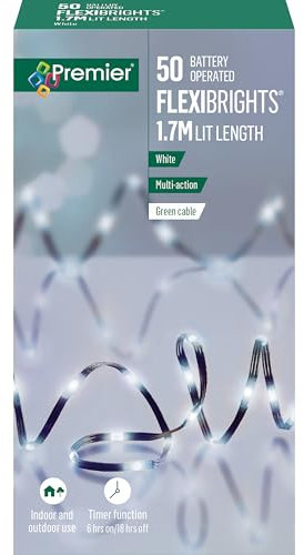 Premier 50 FlexiBrights Multi-Action White Lights, Battery Operated 1.7M Lit Length with Green Cable, Includes Timer Function, Indoor and Outdoor Use