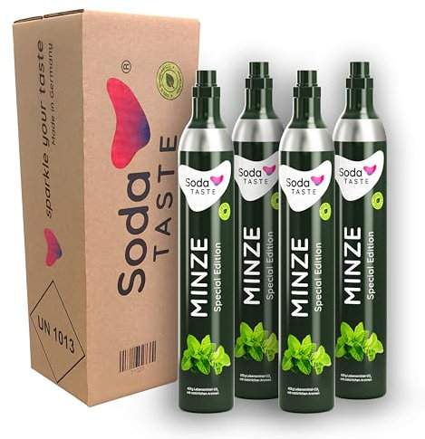 SodaTASTE CO2-Zylinder tauschen 4er-Pack (Refill) für Wassersprudler, mit natürlichem Minz-Aroma, ohne Sirup, für bis zu 240l Sprudelwasser mit Geschmack, zuckerfrei (ACHTUNG: 4 leere Zylinder nötig)