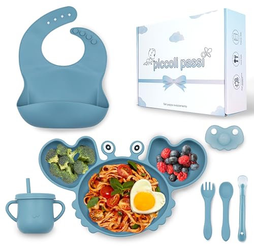Piccoli passi Nuovo Set Pappa Svezzamento CONFEZIONE REGALO Con Posate Bambini E Piatto Svezzamento con ventosa. Disegno A Forma Di Granchio. Sicuro per i tuoi bambini (Blu)