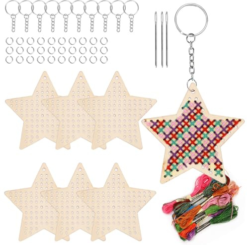 Swpeet 64Pcs Stern Form Holz Kreuz Stich mit Schlüsselbund, Sprung Ring, Faden und Nadeln Sortiment Kit, Holz Näh Kit für Anfänger, Handwerk Nadel Stickerei Kit für DIY hängende Dekor Geschenk