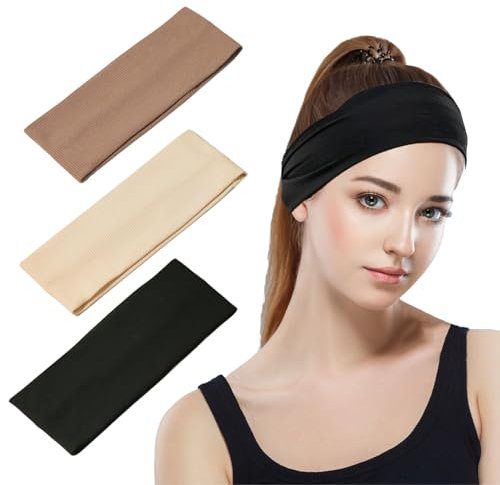 3 Stück Haarband Damen, Elastic Stirnband Damen Sport, Baumwolle Haarband Breit, Antirutsch Hasrband für Laufen, Radfahren, Yoga, Fitness, Schweiß Weich