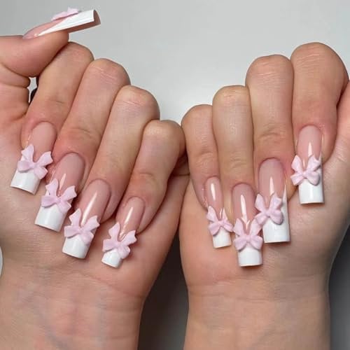 French Tip False Nails Nude Pink - Long Medium Coffin Press On Nails With 3D Bow Design - French Ballerina Fake Nails With Glue - Acrylic Full Cover Stick On nails For Women Girls Daily Wear Nails Art