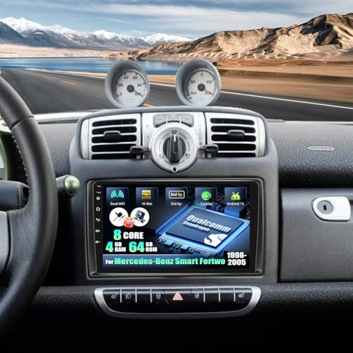 CAMECHO Qualcomm 8 Core 4G+64G Android 15 Autoradio para Mercedes-Benz Smart Fortwo 2005-2010,2 DIN Radio con 9'' Touchscreen Soporta CarPlay,Dual WiFi,GPS,Bluetooth5.1, Dolby/Hi-Res+Cámara Trasera