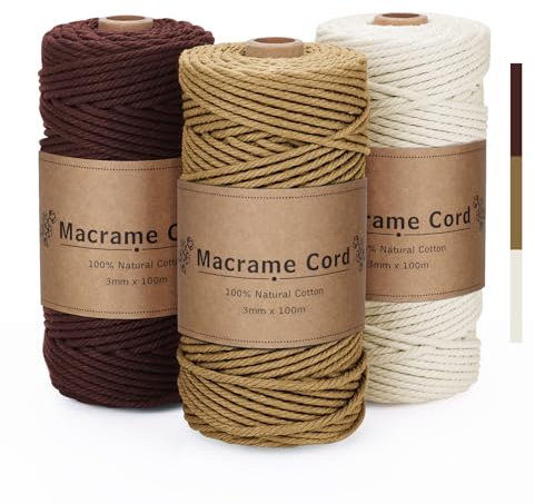 VORHOT Makramee Garn 3mm x100m, Makramee Garn Set Khaki Braun Beige, Baumwollgarn 3mm, Baumwollkordel Natur, Baumwoll Bastelschnur für Basteln Stricken Boho Deko Wandbehang Dekoration
