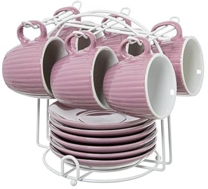 César collect on Set de Tazas de Café con Diseño de Hojas en Relieve, 6 Tazas y Platillos de 89ml, Amarillo, con Soporte Metálico (Rosa Empolvado)