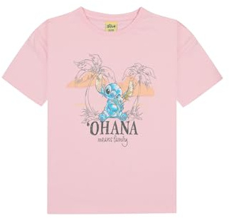 Disney Lilo & Stitch T-Shirt Mädchen, Rosa Oberteil mit Ohana Means Family Print, 100% Baumwolle Kurzarm Shirt für Kinder, Geschenk für Fans, Gr. 122-128 bis 146-152