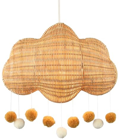 Fun and Chic Cloud Shaped Childrens Rattan Pendant Light Shade with Hanging White and Taupe Pom Pom Balls | 33cm x 24cm by Happy Homewares