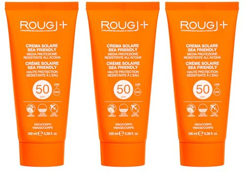 Rougj Sonnencreme 50 SPF Gesicht & Körper 100 ml X3 – Erwachsene, Wasserfest, Empfindliche Haut, Calendula, Sheabutter, Parabenfrei – Made in Italy