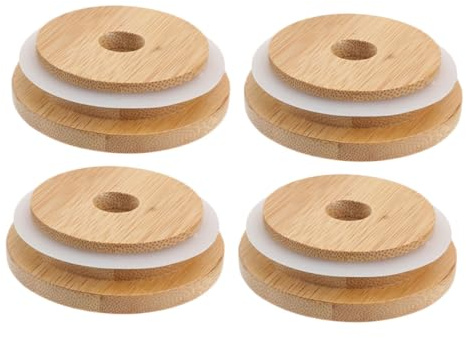 JECOMPRIS 4 Stück Bambusdeckel für Einmachgläser mit Strohhalmöffnung Formstabil Leicht und Robust Ersatzdeckel für Glasflaschen und Vorratsgläser