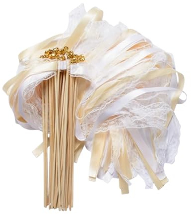 Ferizzia 30 Stück Wedding Wands mit Glocke, Weiß Spitze Zauberstäbe Hochzeit Luftschlangen, Wedding Wands Hochzeit, für Hochzeiten Geburtstage Partys Feiertagsfeiern Verwendet Weihnachten(Beige)