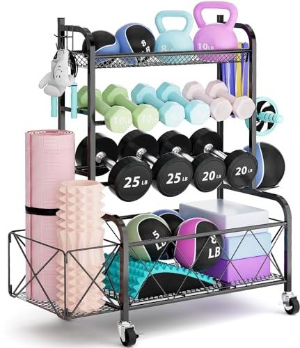 4-Tier Home Gym Storage Rack with Wheels and Hooks, Stand 272KG Load | Adjustable Home Gym Equipment Weight Rack for Dumbbells Kettlebells Yoga Mats, Steel Yoga Mat Storage Rack