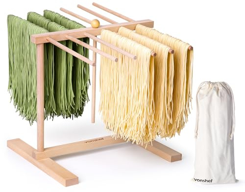 VonShef Pasta Drying Rack & Storage Bag, Collapsible Wooden Noodle Stand | for Homemade Spaghetti, Fresh Pasta Drying Tree with 12 Arms, Natural, Non-Toxic Beechwood Frame w/ Anti-Bacterial Properties