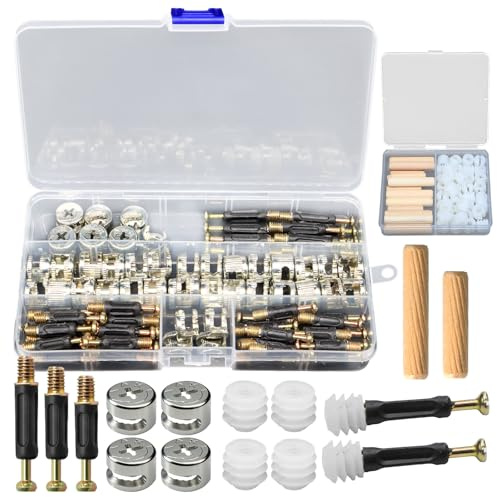 136 Pcs 3-in-1 Furniture Connector Hardware Fixings Kit, Cam Lock Fittings Include Cam Lock Screws, Dowel Bolts Nut & Pre Inserted Nuts, Fasteners Hardware Assortment for Cabinet Drawer