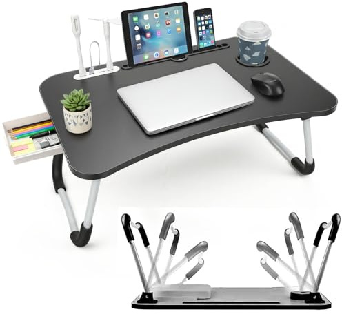 LKH Laptop Table with USB Hub, Fan, LED Light & Side Drawer for Bed & Sofa | 60×40×26cm Foldable Lap Tray with Tablet Slot, Cup Holder, Anti-Slip Legs & Raised Stopper for Work, Study & Breakfast