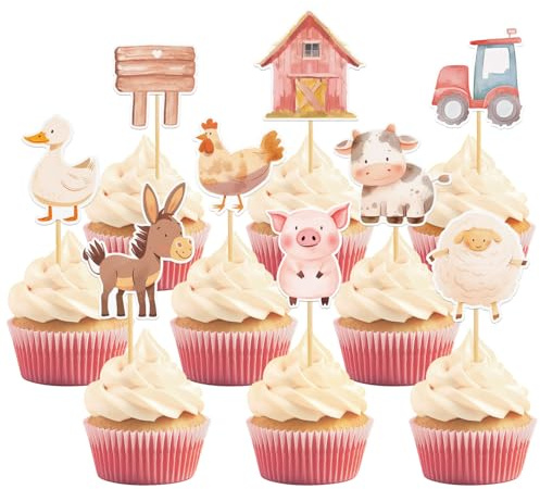 Tazuxetuqe 36 Stück Bauernhof Tiere Cupcake Deko, Stalltiere Kuchen Spieße für Farm Thema Babyfeier und Geburtstagsfeier Zubehör
