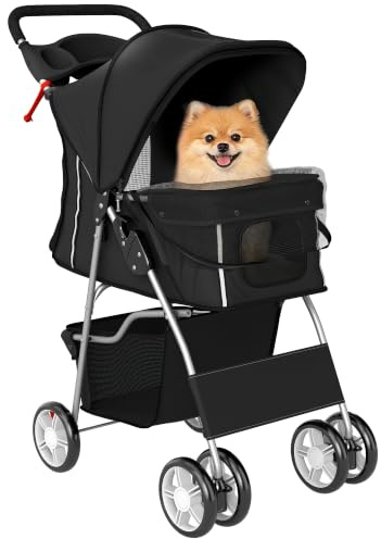 PawHut Hundewagen Hundebuggy Faltbar für kleine Hunde bis 10kg Schwarz | Reflektorstreifen, Aufbewahrungskorb, Waschbar Kissen, Netzfenstern, Getränkehaltern, 360° Drehbare Räder mit Bremse