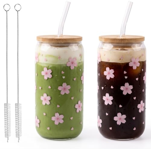 500ml Glass Tumbler with Lid and Straws 2Pcs Iced Coffee Glasses | matcha glass Reusable, clear glass, leakproof, Tumbler Cup for smoothies, latte, juice, cold drinks, 500ml capacity
