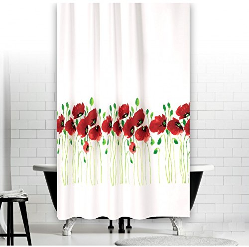 Rideau de douche textile ultra fin Motif coquelicots Blanc/vert/rouge 120 x 200 cm Avec anneaux de qualité 120 x 200 cm