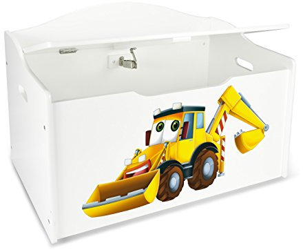 Leomark Kinderbank Hölzerne Bagger XL Kindertruhenbank Behälter für Spielzeug Truhe für Kinderzimmer Kindermöbel Sitzbank Höhe 46 cm