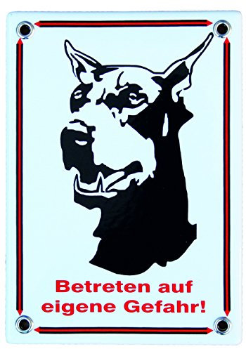 Dobermann Hund Emailschild Betreten auf eigene Gefahr Emaille Schild weiß 12 x 17 cm