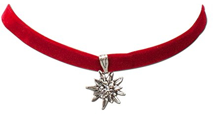 Trachtenkette Samt mit Strass-Edelweiß klein - Damen Samt-Kropfband enganliegend, Kropfkette elastisch, Dirndlkette schmal für Trachtenbluse und Lederhose, Dirndl-Schmuck fürs Oktoberfest (rot)