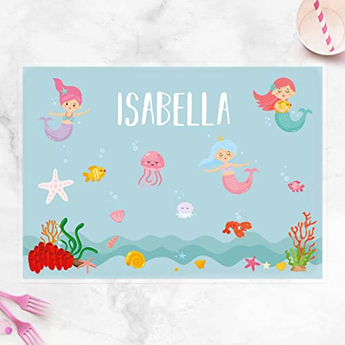 Dotty about Paper Personalised Kids Placemat - Mermaid Party. Dinner Table Mat, Children, Wipeable, Cute, Bright, Pastel, Colourful, Children, Dinnertime, Fun Design, Durable.