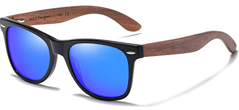 DUCO Polarisierte Sonnenbrille Herren Damen Sonnenbrille polarisiert mit UV-Schutz Walnuss Sonnenbrille mit Holzrahmen Umweltfreundliche Designerbrille 2141 (Blau)