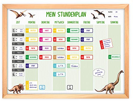 magnetischer Stundenplan Dinosaurier grün mit 90 Magneten und Stift - abwischbar Wochenplaner Schule - ca. 40 x 30 cm