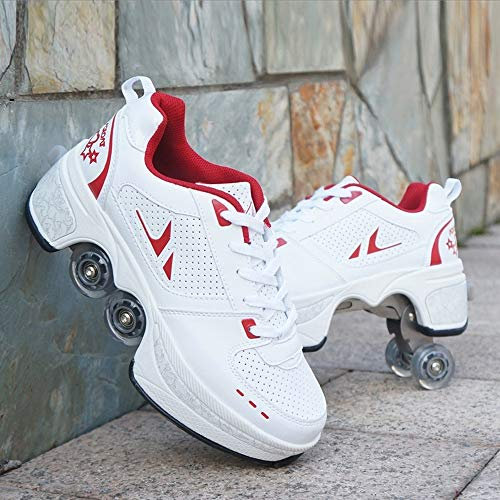 JTKDL Schuhe Mit Rollen Skateboardschuhe,Inline-Skate,2-in-1-Mehrzweckschuhe,Verstellbare Quad-Rollschuh-Stiefel-Männliche Und Weibliche,WhiteRed-38