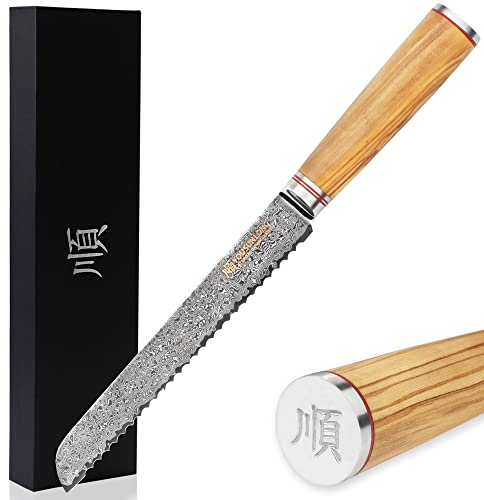 YOUSUNLONG Gezahntes Brotmesser 20,32 cm (67 Zoll) 67-lagiges Damaskus-Edelstahlmesser mit hohem Kohlenstoffgehalt - italienisches Olivenholz mit Lederscheide