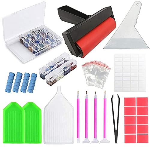 Set Diamant Painting, 75 Stück 5D Dimondpaintin, Diamant Malerei Werkzeuge mit Diamantmalrolle, 28 Fächer Diamant Sortierbox, Diamantstifte, Pinzette, Kunststoffwanne, Etikette, Ton