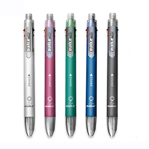 6-in-1-Kugelschreiber, mehrfarbig, 5 Farben, 1 automatischer Bleistift mit Radiergummi für Schule, Büro, Schreibbedarf (5 Stück)