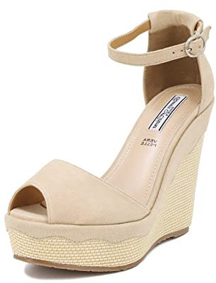 QUEEN HELENA Zeppe Sandali Alti Scamosciati con Cinturino Donna ZM8011 (ZM9036 Beige, numeric_39)