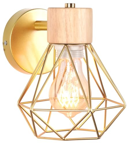 iDEGU Vintage Wandlampe 16CM Wandleuchte Industrial Design Geometrischem Käfig Lampenschirm Retro Lampe aus Holz Eisen Verstellbare Deckenleuchte Wandleuchte für Flur Wohnzimmer Küche(Typ-B Gold)