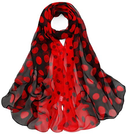 E-Clover Weicher Damen-Schal mit Blumendruck, Chiffon, durchscheinend, Gepunktet, Schwarz/Rot, Einheitsgröße