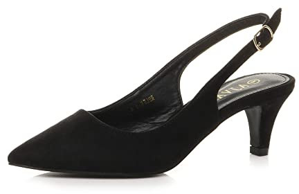 AJVANI Womens Ladies Low Heel 50s Slingback Buckle Pointed Open Back Shoes Size 3 36 Black Suede