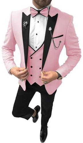 Costume 3 pièces pour homme, coupe ajustée, gilet à double boutonnage, veste, pantalon, mariage, bal, smoking, rose, Taille 4XL